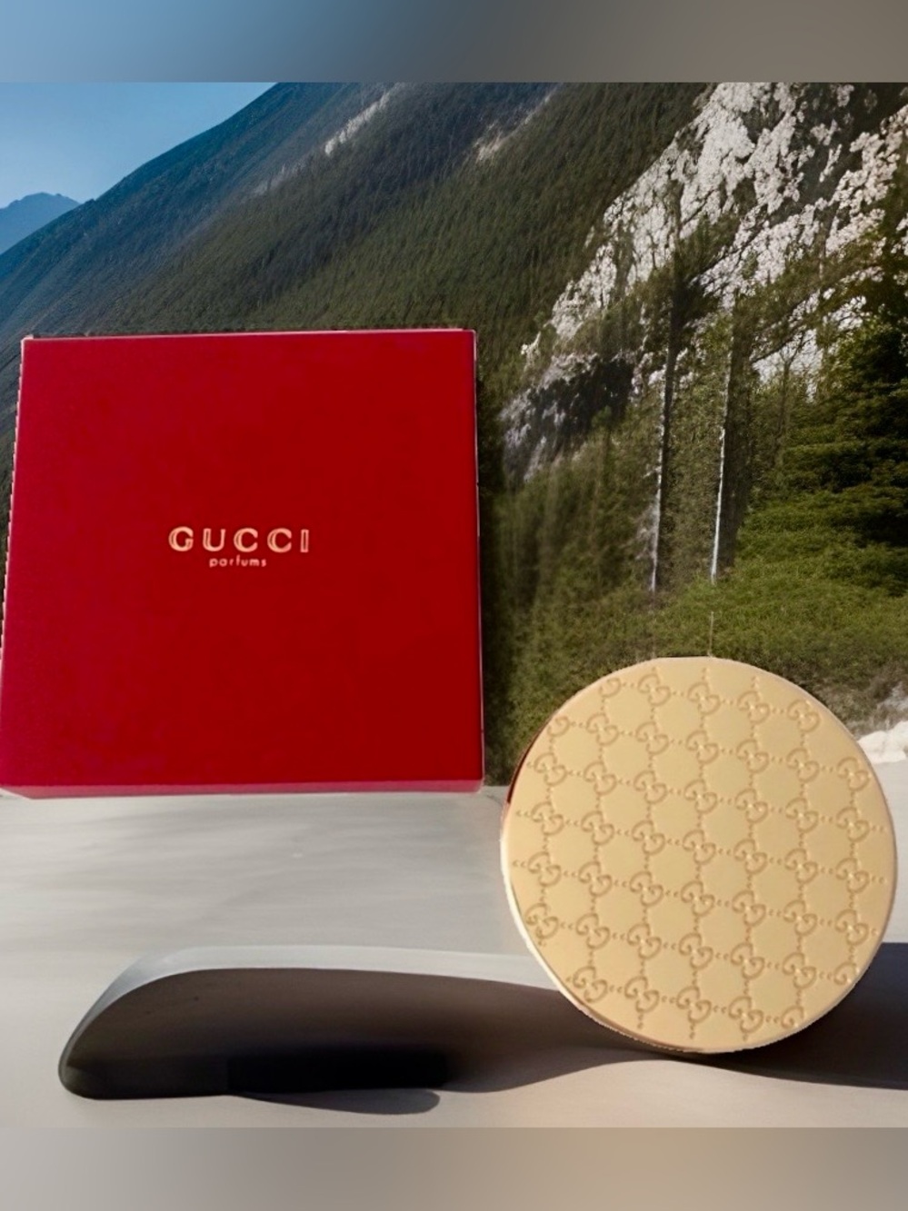 NIB Gucci Perfume Gold Monogram Double Sided Mirror with presentationBox